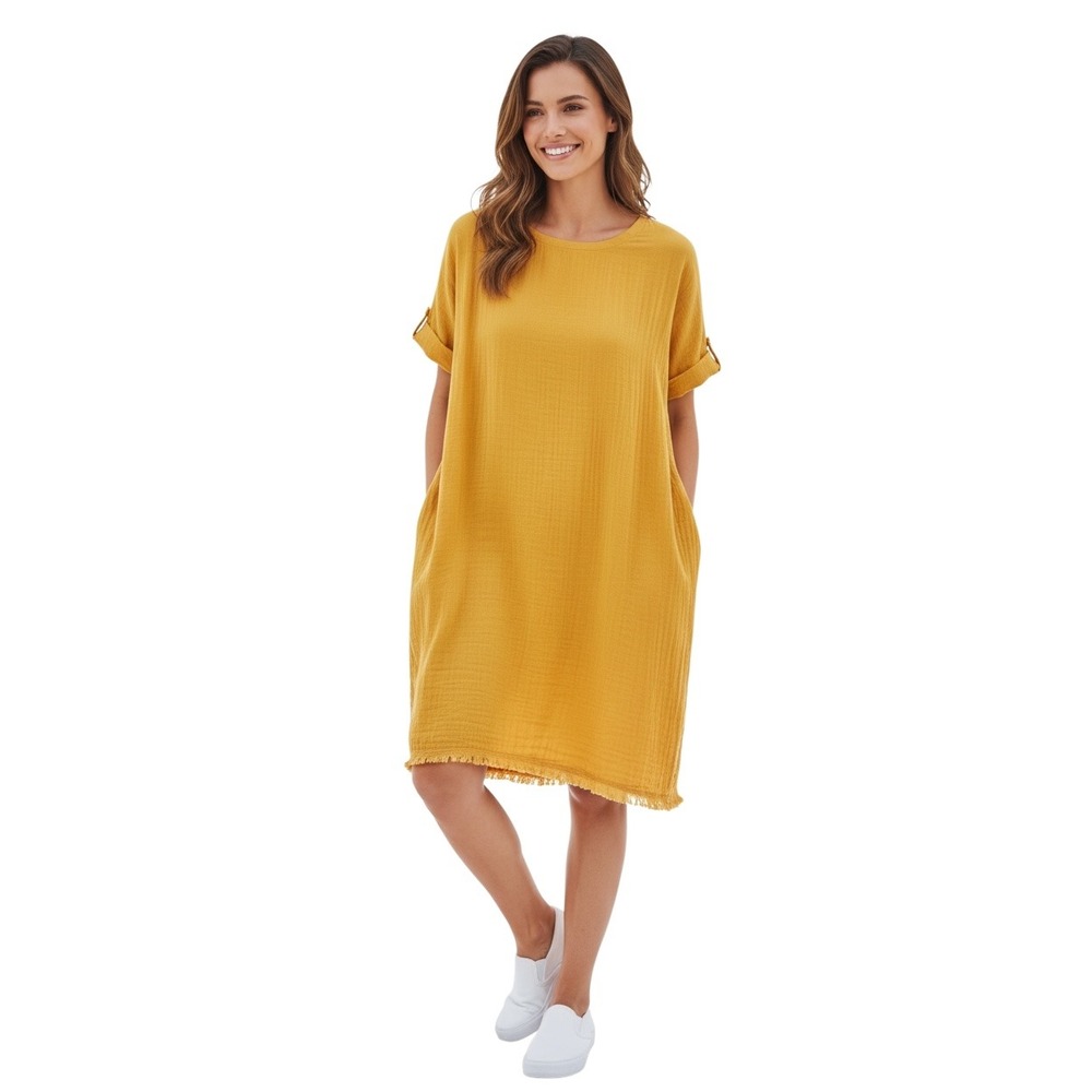 Eileen Fisher Organic Cotton Gauze Fringe Hem Shift Dress Mustard Yellow L